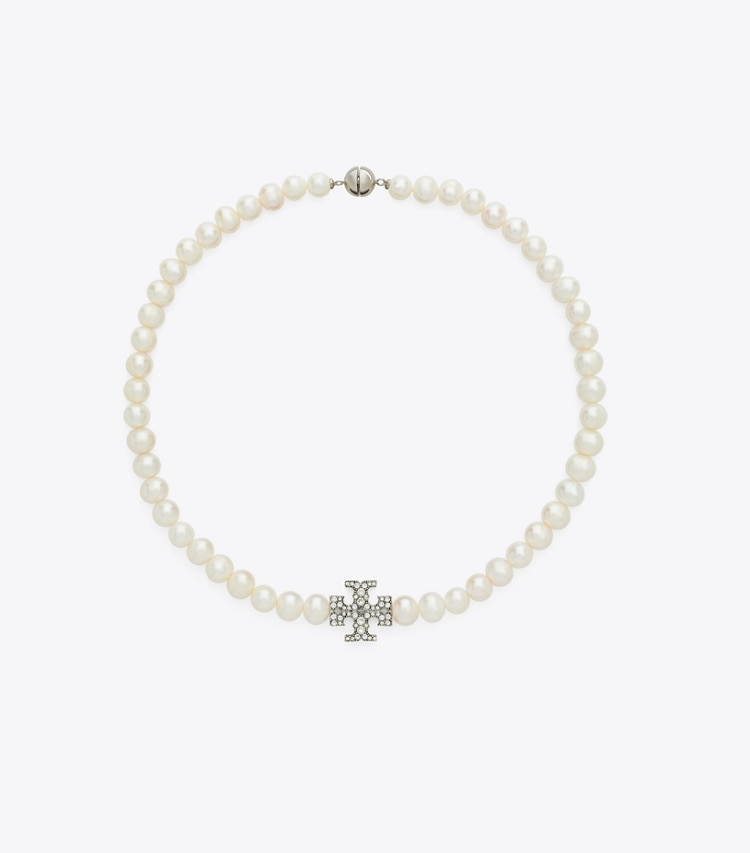 Tory Burch designer necklaces Kira Pearl Necklace in Tory Silver / Pearl / Crystal front