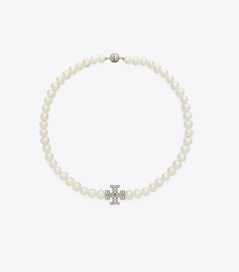 Tory Burch designer necklaces Kira Pearl Necklace in Tory Silver / Pearl / Crystal front