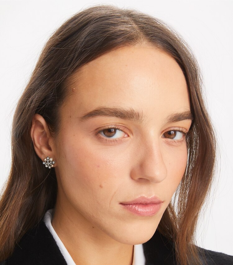 Tory Burch designer earrings Kira Pearl Stud Earring in Tory Gold / Pearl / Crystal accessory on model