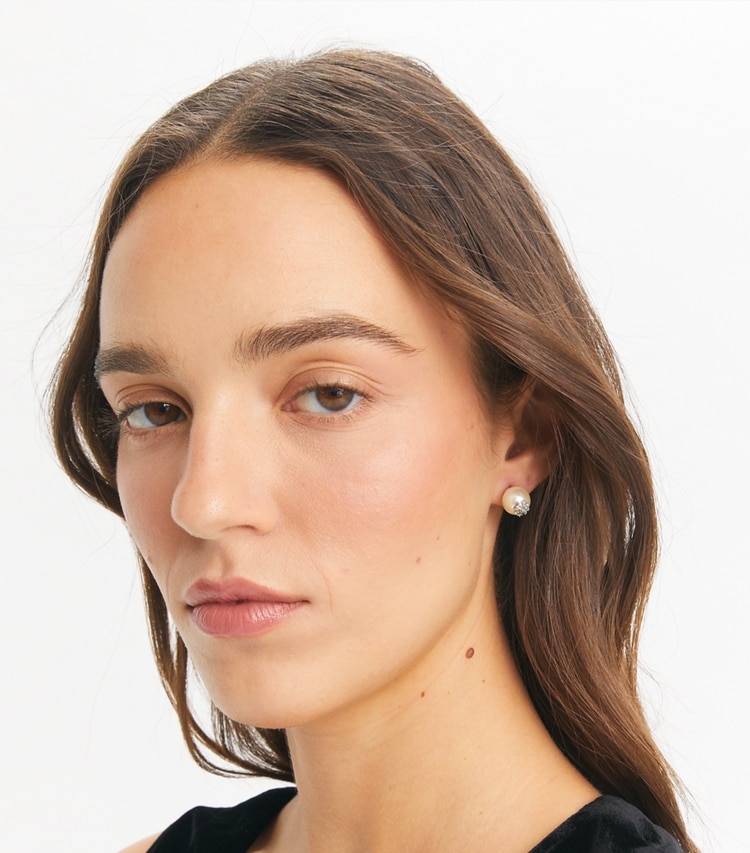 Tory Burch designer earrings Kira Pearl Stud Earring in Tory Silver / Pearl / Crystal accessory on model