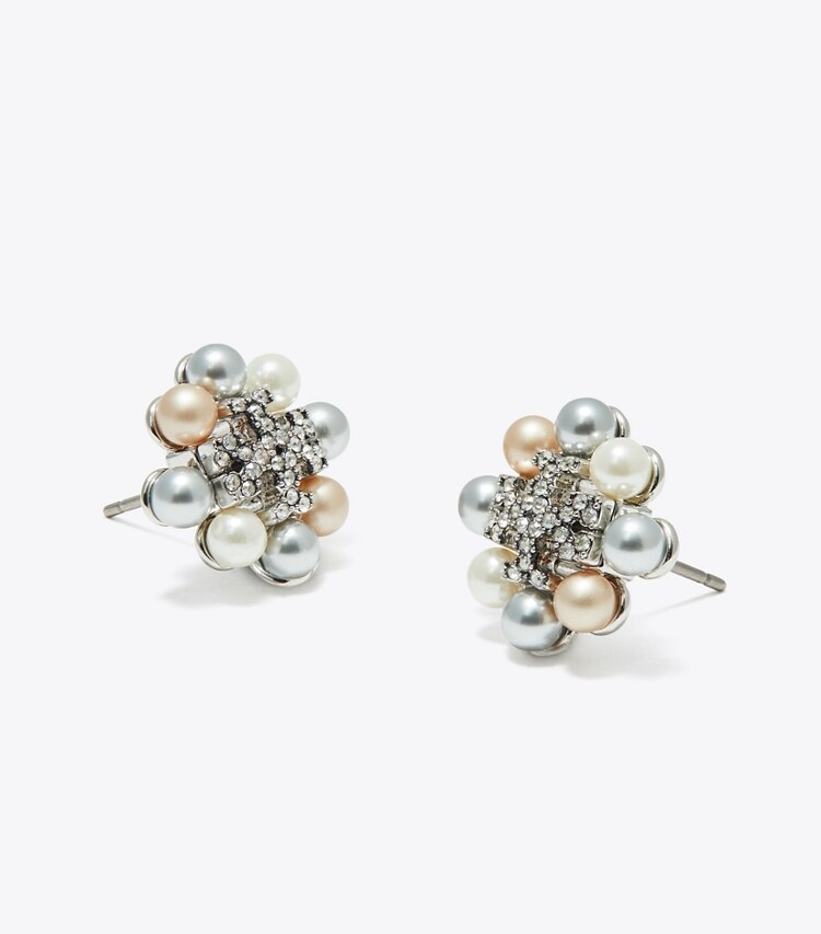 Tory Burch designer earrings Kira Pearl Stud Earring in Tory Silver / Pearl / Crystal detail