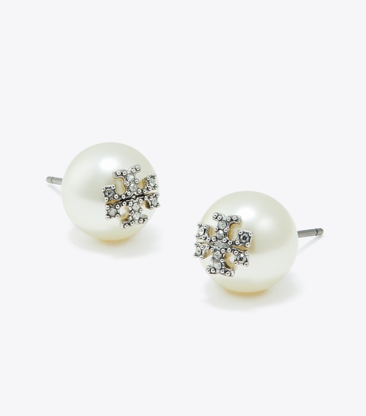 Tory Burch designer earrings Kira Pearl Stud Earring in Tory Silver / Pearl / Crystal detail