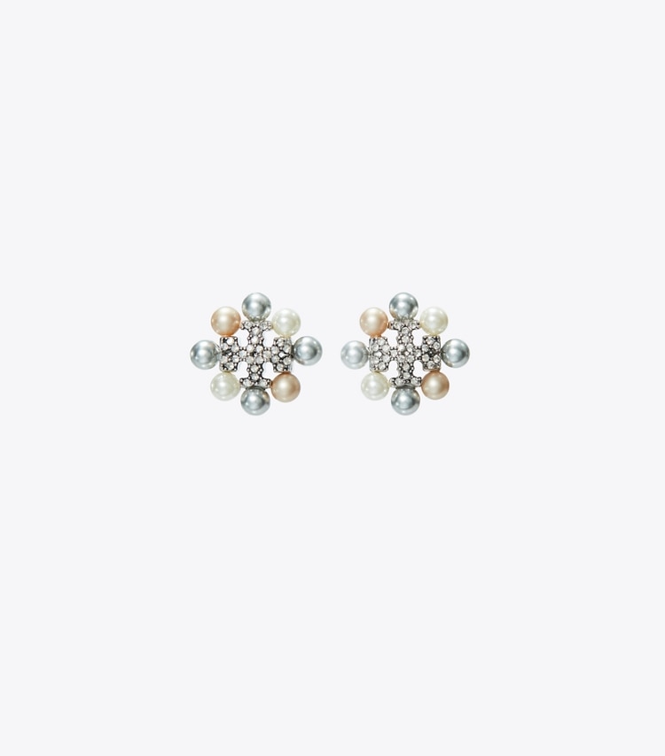 Tory Burch designer earrings Kira Pearl Stud Earring in Tory Silver / Pearl / Crystal front