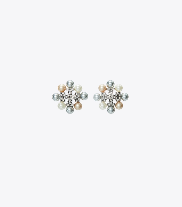 Tory Burch designer earrings Kira Pearl Stud Earring in Tory Silver / Pearl / Crystal front