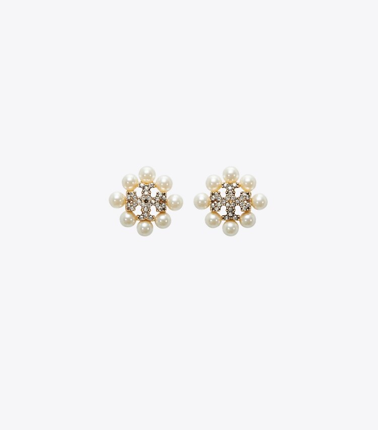 Tory Burch designer earrings Kira Pearl Stud Earring in Tory Gold / Pearl / Crystal front