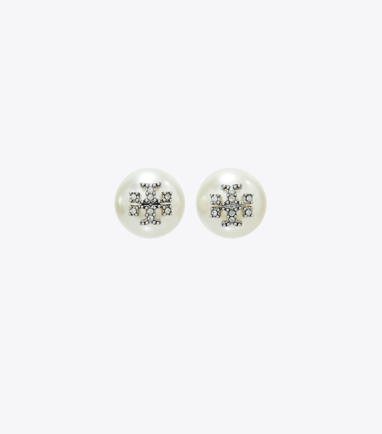Tory Burch designer earrings Kira Pearl Stud Earring in Tory Silver / Pearl / Crystal front