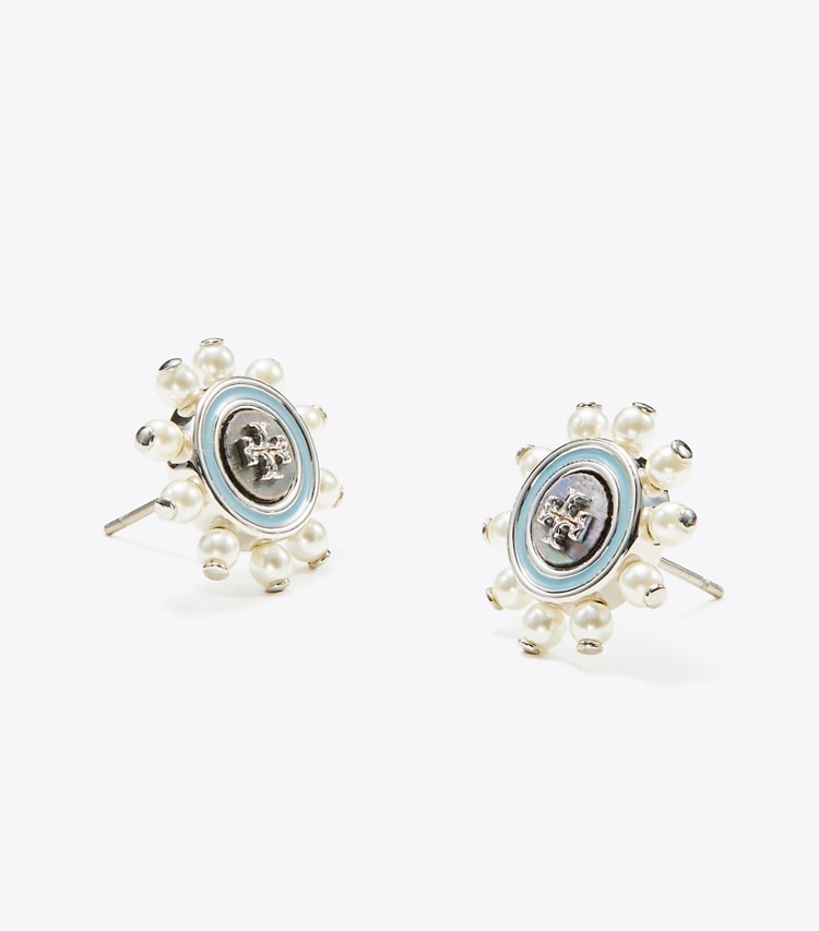 Tory Burch designer earrings Kira Pearl Stud Earrings in Blue / Pearl detail