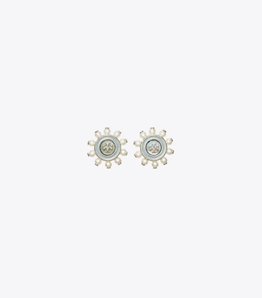 Tory Burch designer earrings Kira Pearl Stud Earrings in Blue / Pearl front