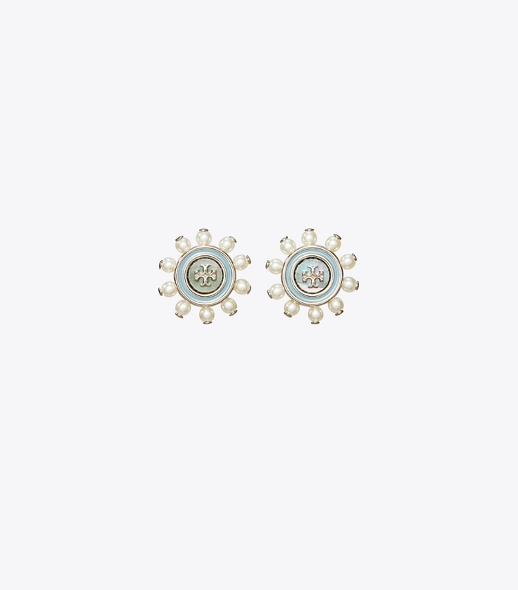 Tory Burch designer earrings Kira Pearl Stud Earrings in Blue / Pearl front