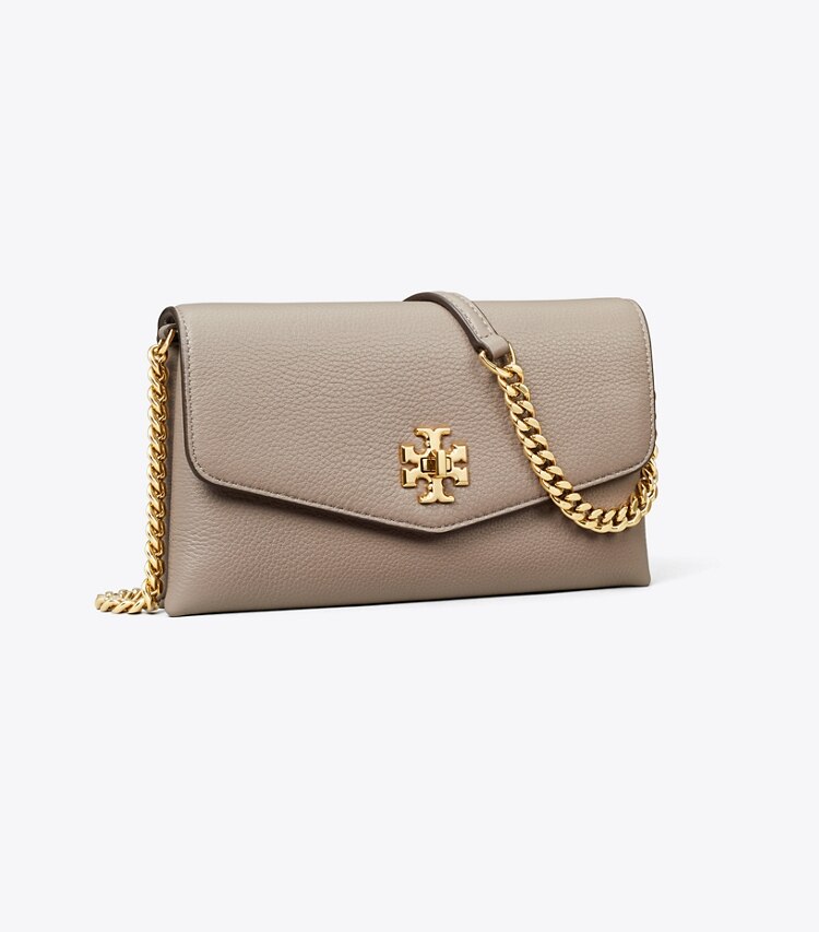 Tory Burch designer mini bags Kira Pebbled Chain Wallet in Gray Heron angle