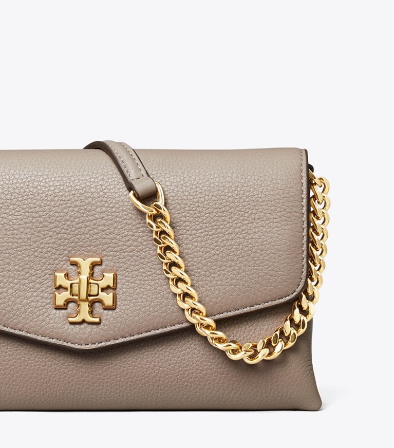 Tory Burch designer mini bags Kira Pebbled Chain Wallet in Gray Heron angle