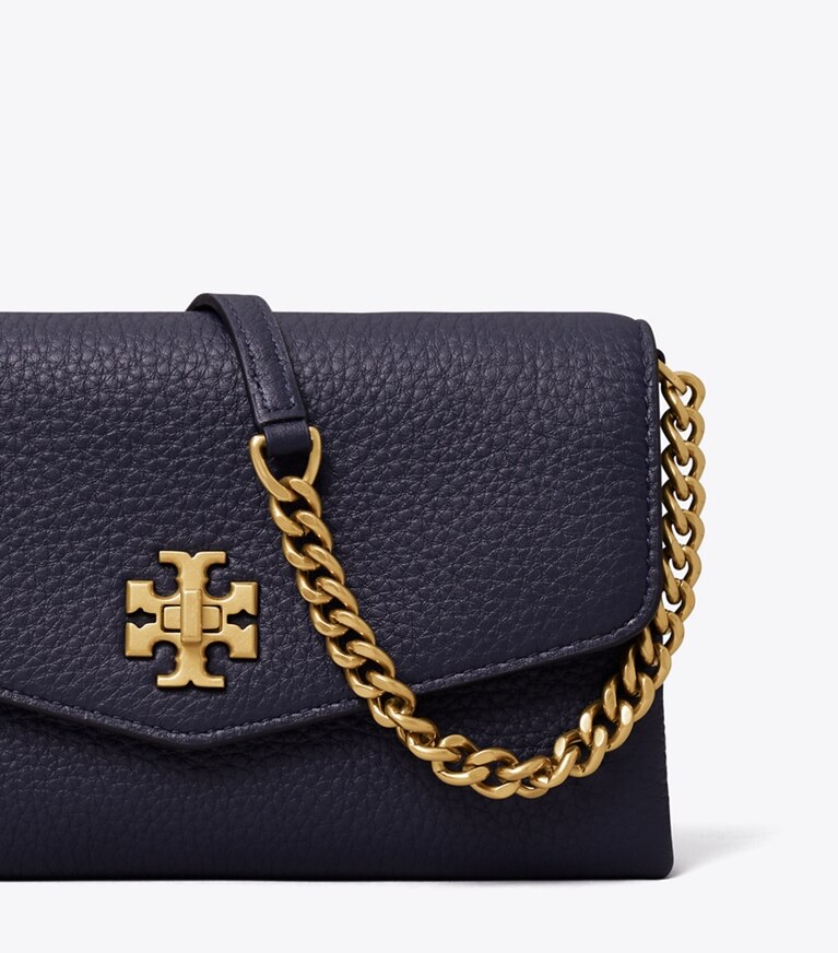 Tory Burch designer mini bags Kira Pebbled Chain Wallet in Royal Navy angle