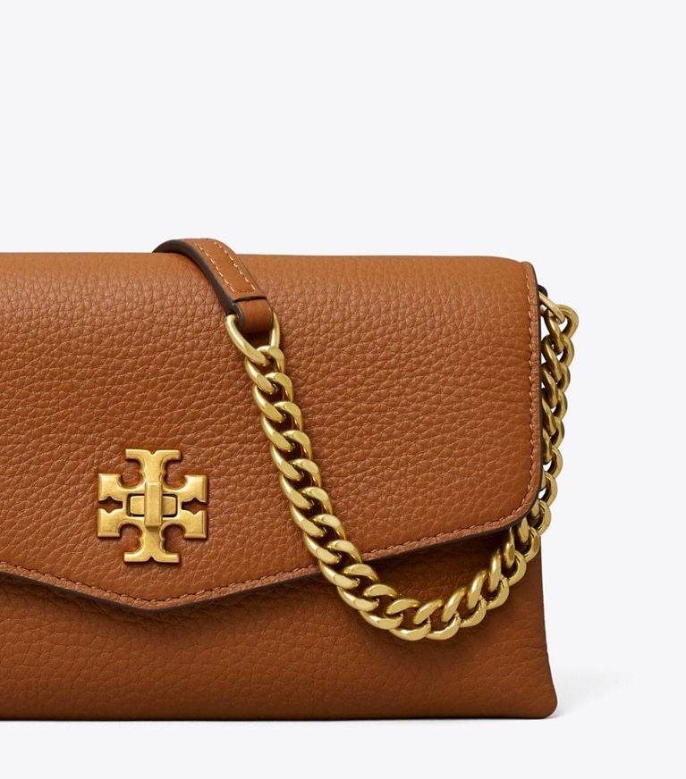 Tory Burch designer mini bags Kira Pebbled Chain Wallet in Light Umber detail