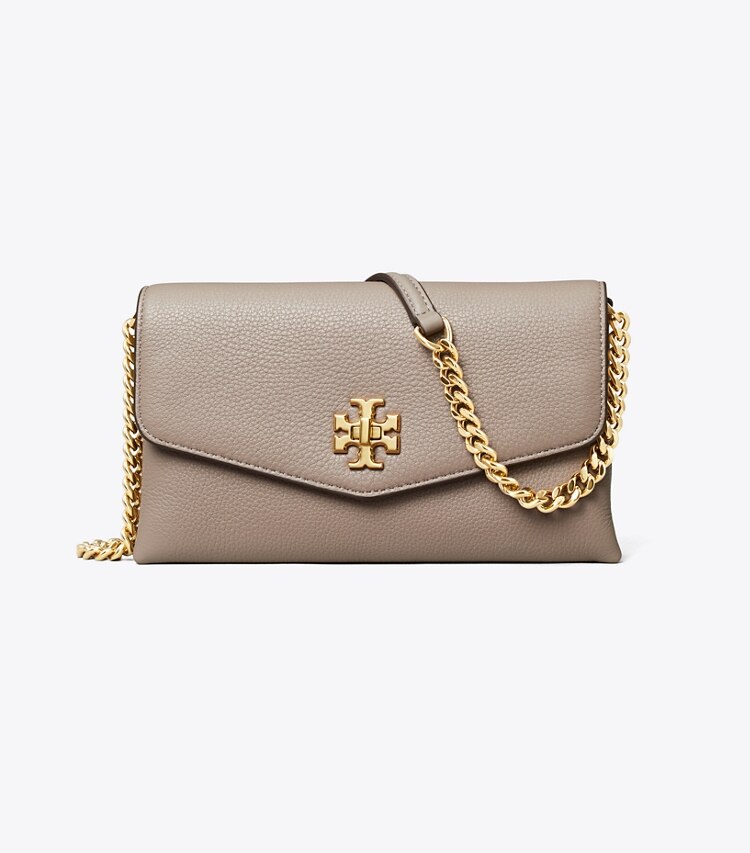 Tory Burch designer mini bags Kira Pebbled Chain Wallet in Gray Heron front