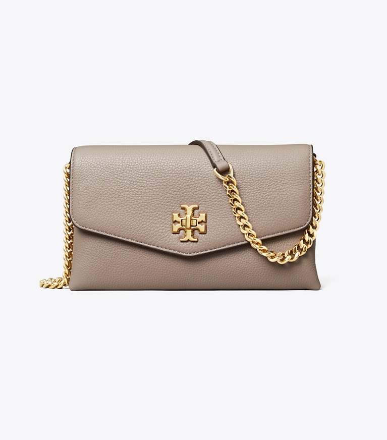 Tory Burch designer mini bags Kira Pebbled Chain Wallet in Gray Heron angle