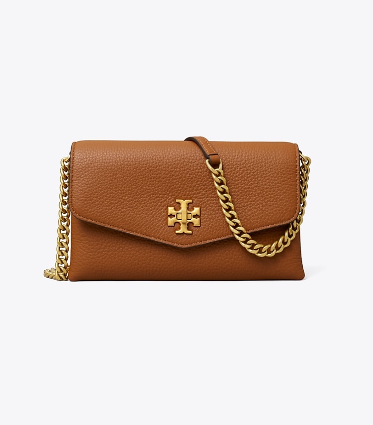 Tory Burch designer mini bags Kira Pebbled Chain Wallet in Light Umber front