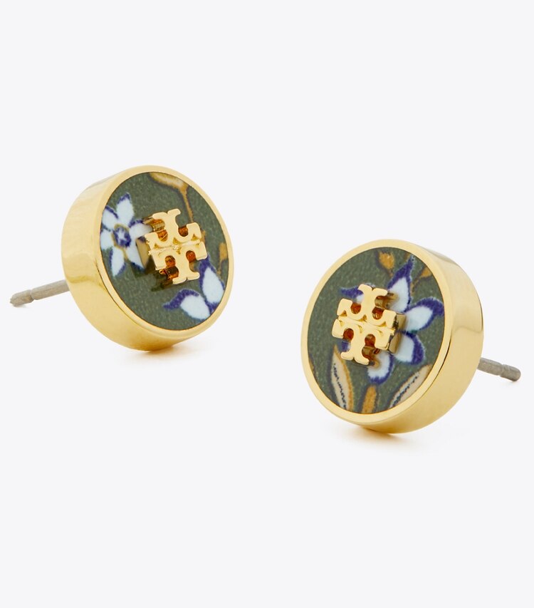 Tory Burch designer earrings Kira Printed Circle-Stud Earring in Tory Gold / Ornate Daffodil Ribbon detail