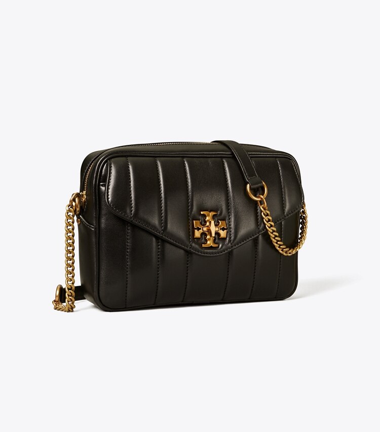 Tory Burch designer crossbody bags Kira Quilted Camera Bag in Black / Rolled Gold angle