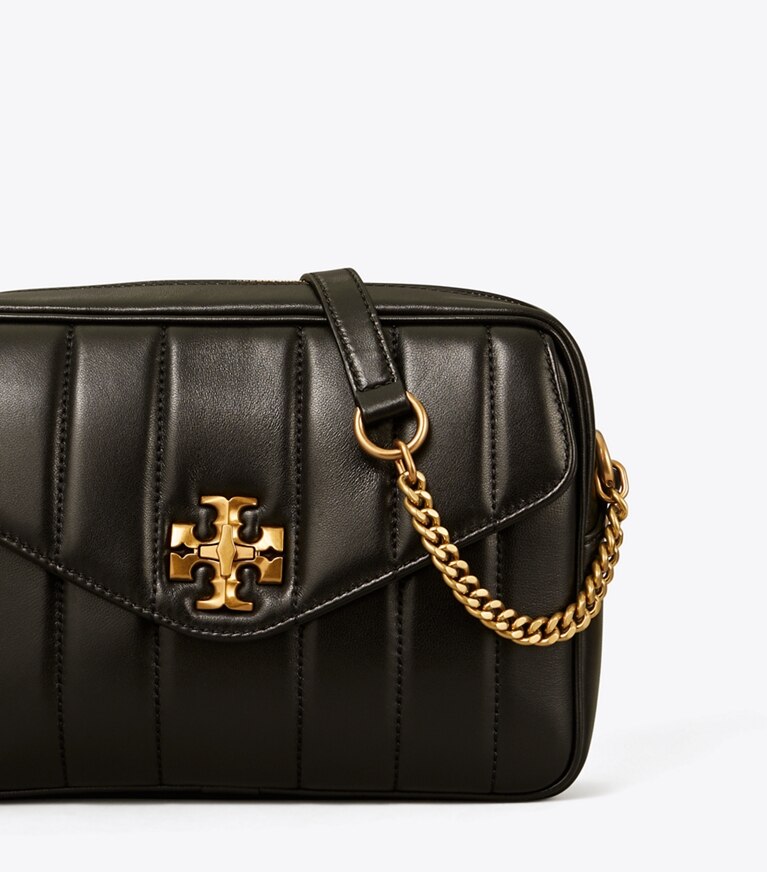 Tory Burch designer crossbody bags Kira Quilted Camera Bag in Black / Rolled Gold angle