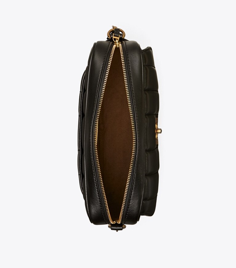 Tory Burch designer crossbody bags Kira Quilted Camera Bag in Black / Rolled Gold angle