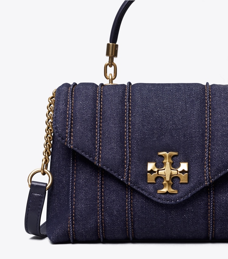 Tory Burch designer satchels Kira Quilted Denim Small Satchel  in Tory Navy detail