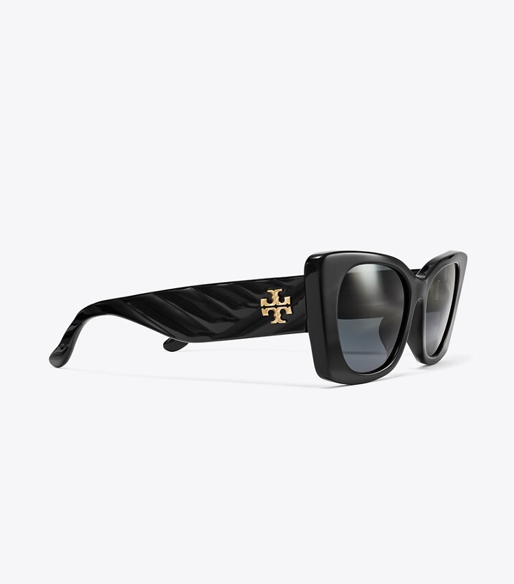 Tory Burch designer sunglasses & eyewear Kira Quilted Geometric Sunglasses in BLACK/SOLID GREY detail