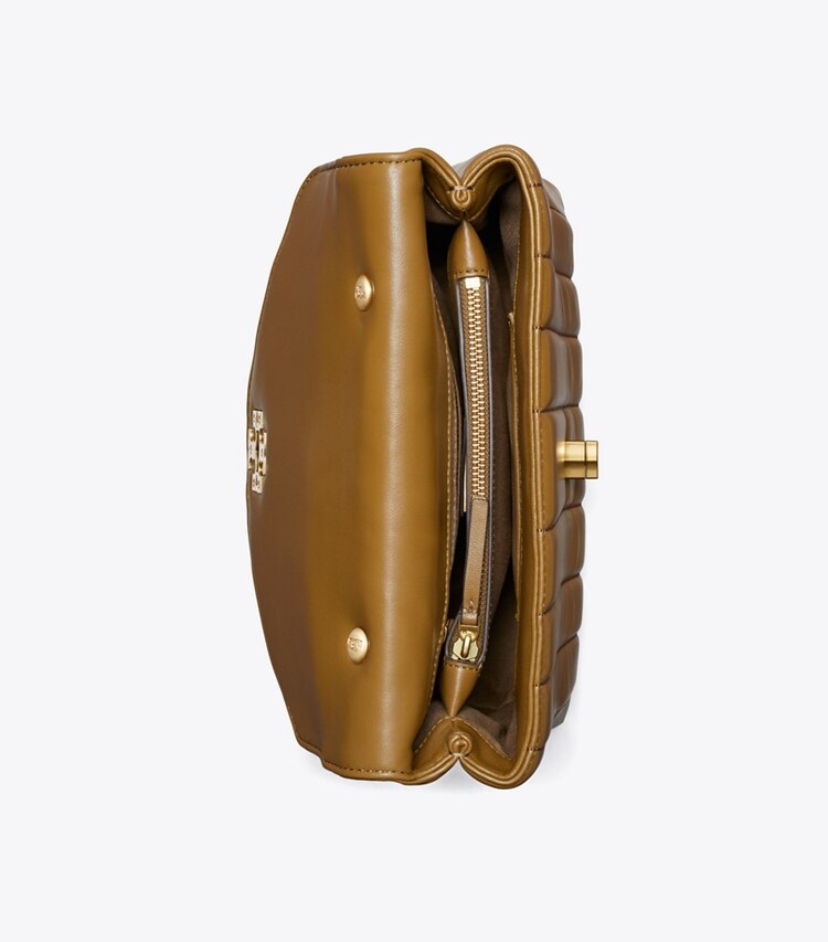 Tory Burch designer satchels Kira Quilted Satchel in TOASTED SESAME / Rolled Gold overhead