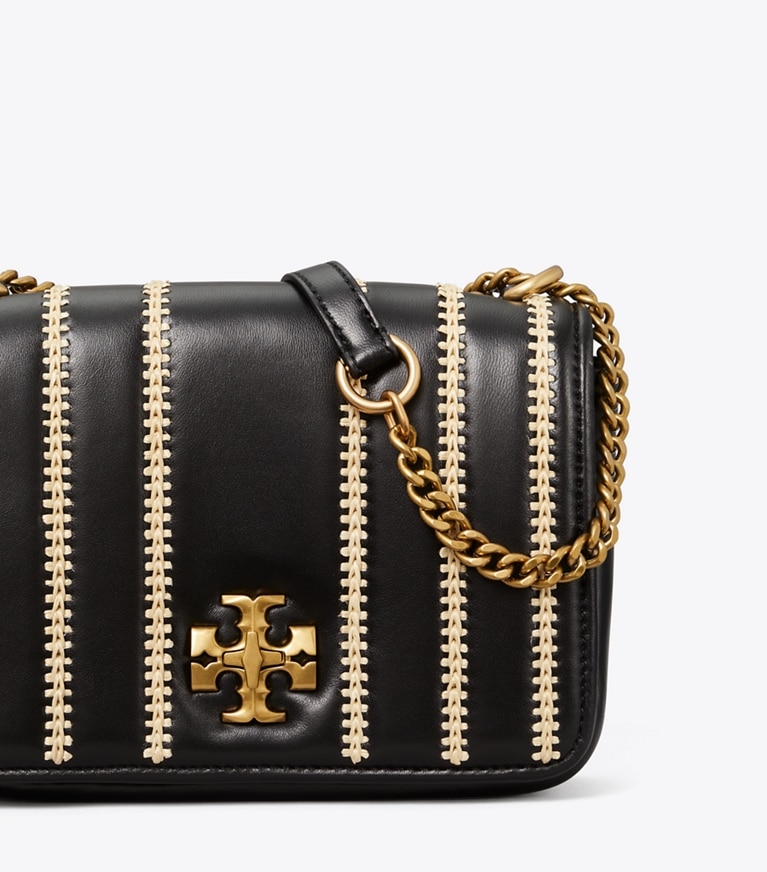 Tory Burch designer shoulder bags Kira Raffia Stripe Chain Shoulder Bag in Black / Natural angle