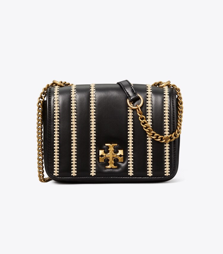 Tory Burch designer shoulder bags Kira Raffia Stripe Chain Shoulder Bag in Black / Natural front