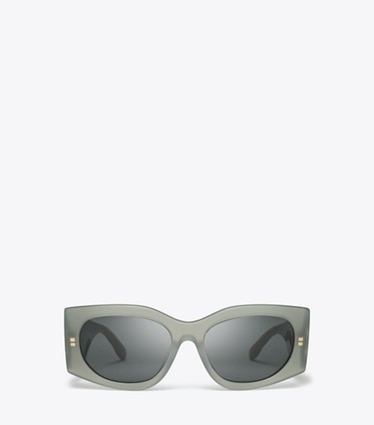Tory Burch designer lunettes Kira Rectangle Sunglasses in MILKY GREY GREEN/DARK GREY front