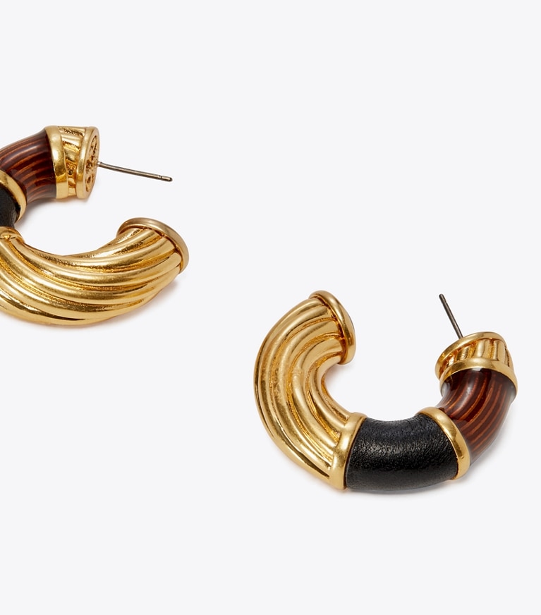 Tory Burch designer earrings Kira Ridged Hoop Earring in Rolled Brass / Tortoise / Black front