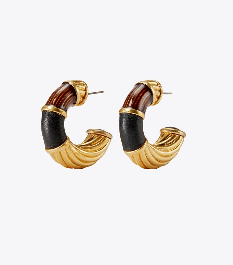 Tory Burch designer earrings Kira Ridged Hoop Earring in Rolled Brass / Tortoise / Black front
