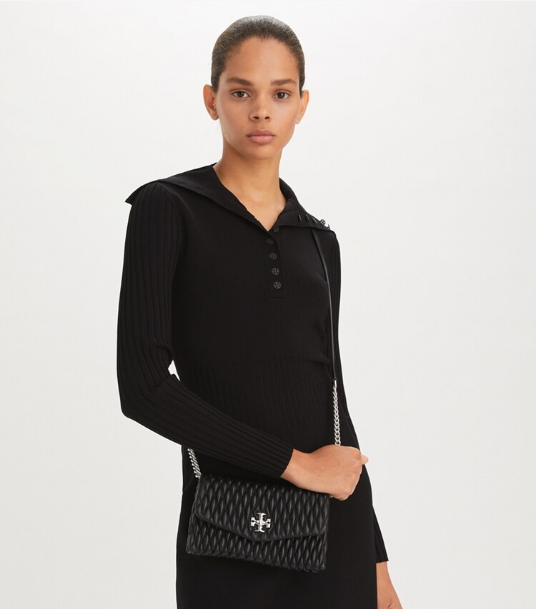 Tory Burch designer mini bags Kira Ruched Chain Wallet in Black accessory on model