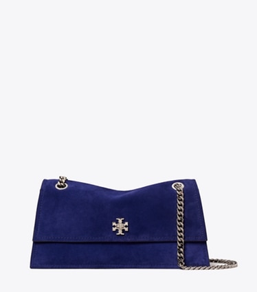Tory Burch designer schultertaschen Kira Schultertasche aus Wildleder mit Drehverschluss in Ballpoint Blue front