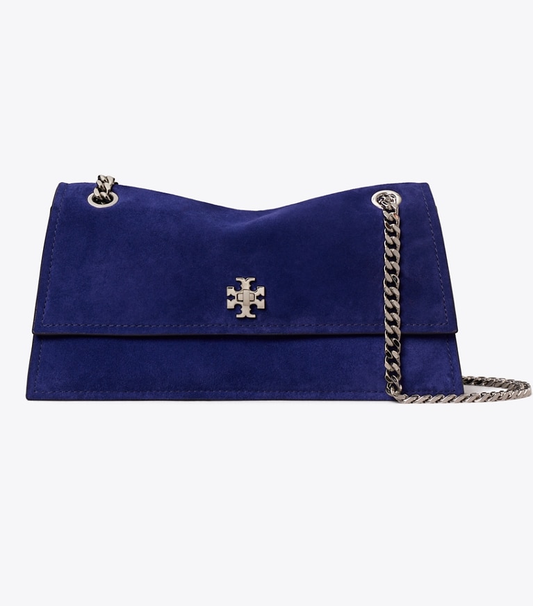 Tory Burch designer schultertaschen Kira Schultertasche aus Wildleder mit Drehverschluss in Ballpoint Blue front