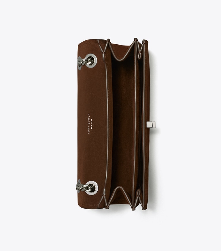 Tory Burch designer schultertaschen Kira Schultertasche aus Wildleder mit Drehverschluss in Dark Cocoa angle