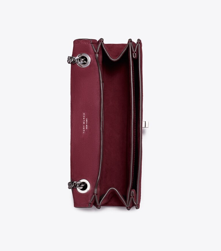 Tory Burch designer schultertaschen Kira Schultertasche aus Wildleder mit Drehverschluss in Merlot von oben