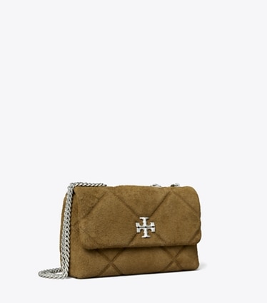 Tory Burch designer schultertaschen Kira Schultertasche aus Wildleder mit Rautensteppung in Deep Olive angle