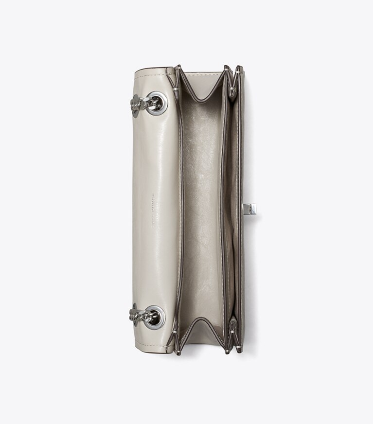 Tory Burch designer schultertaschen Kira Schultertasche mit Drehverschluss in Dove Gray von oben