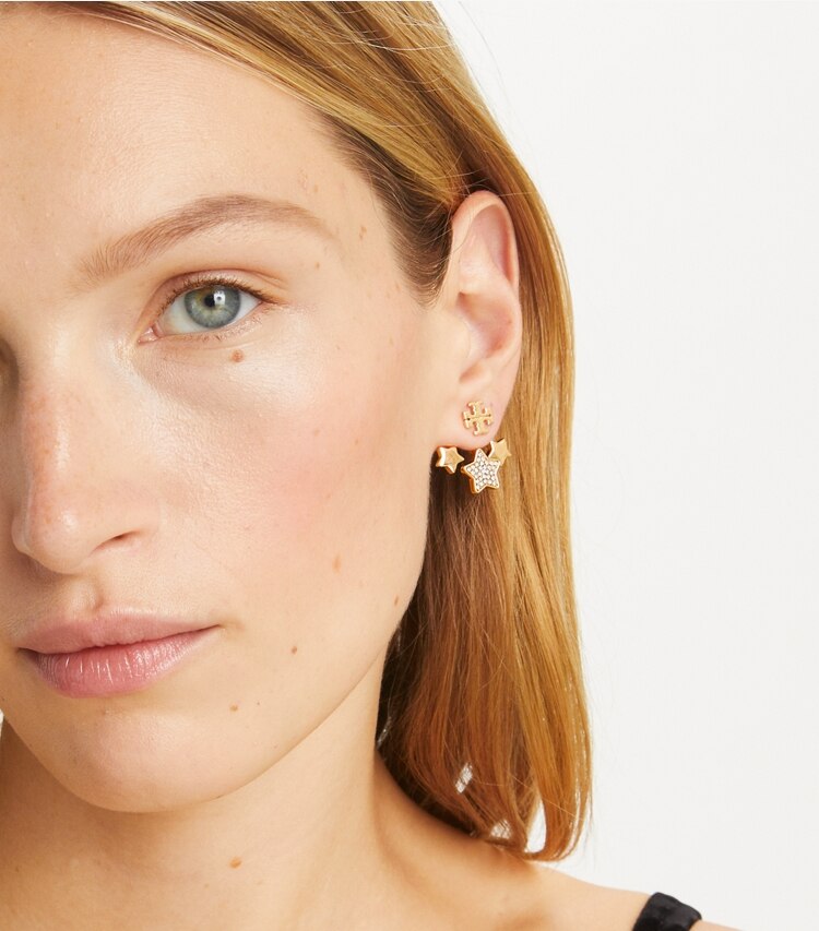 Tory Burch designer earrings Kira Shooting Star Earring in Tory Gold / Crystal accessory on model