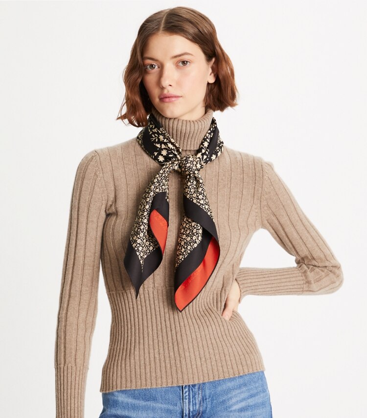 Tory Burch designer scarves Kira Silk Square Scarf in BLACK accessory on model