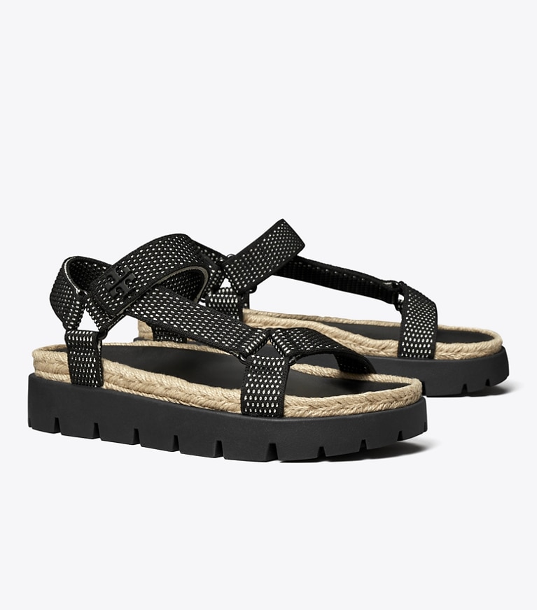 Tory Burch designer sandals Kira Sport Hiking Rope Sandal in PERFECT BLACK / NEW IVORY / PERFECT BLACK angle