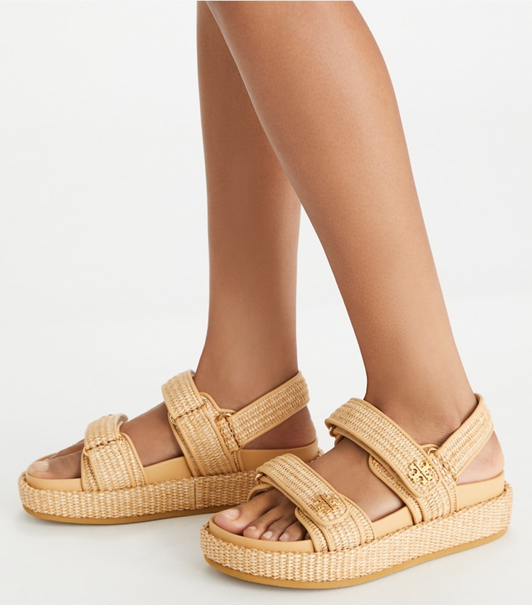 Tory Burch designer sandals Kira Sport Sandal in HAVANA SAND accessory on model