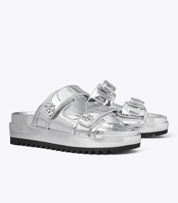 Tory Burch designer sandals Kira Sport Slide in ARGENTO / ARGENTO angle