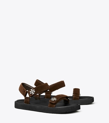 Tory Burch designer sandals Kira Sport Slim Sandal in DARK COCOA / PERFECT BLACK angle