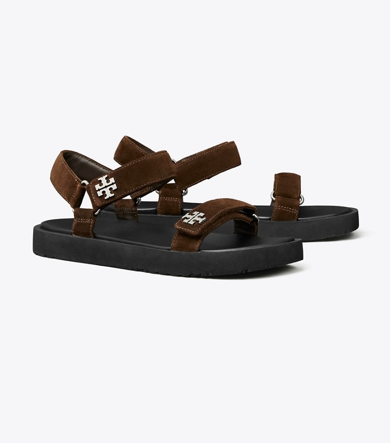 Tory Burch designer sandals Kira Sport Slim Sandal in DARK COCOA / PERFECT BLACK angle