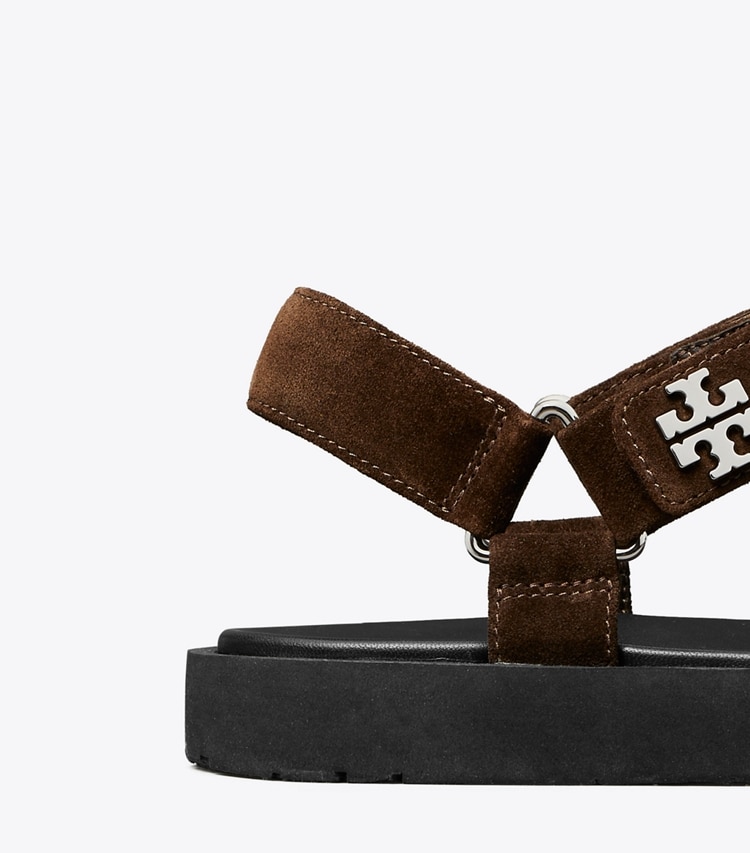 Tory Burch designer sandals Kira Sport Slim Sandal in DARK COCOA / PERFECT BLACK detail