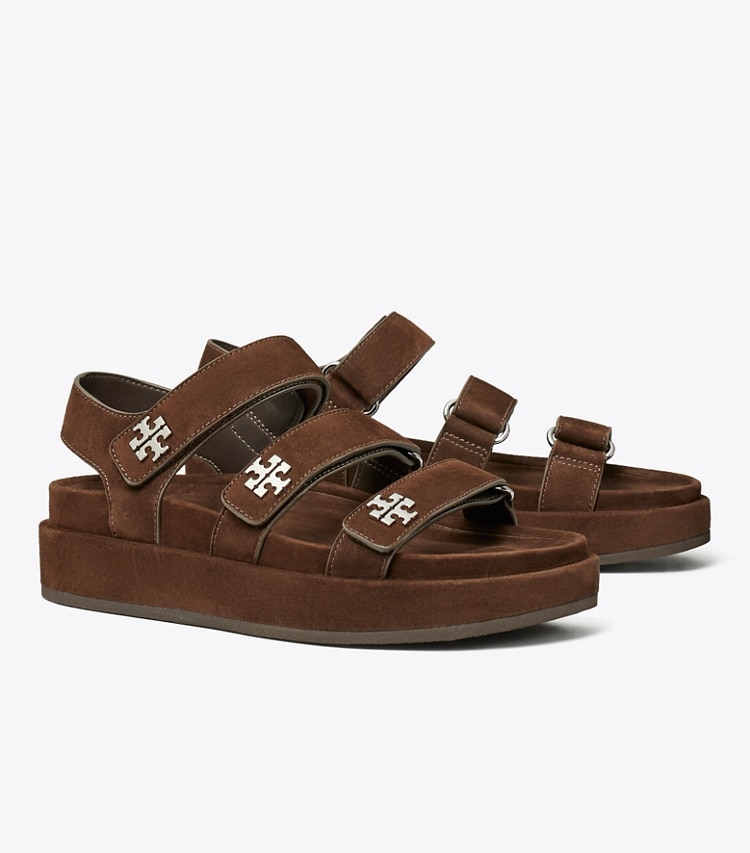 Tory Burch designer sandals Kira Sport Triple-Strap Sandal in DARK COCOA / SILVER angle