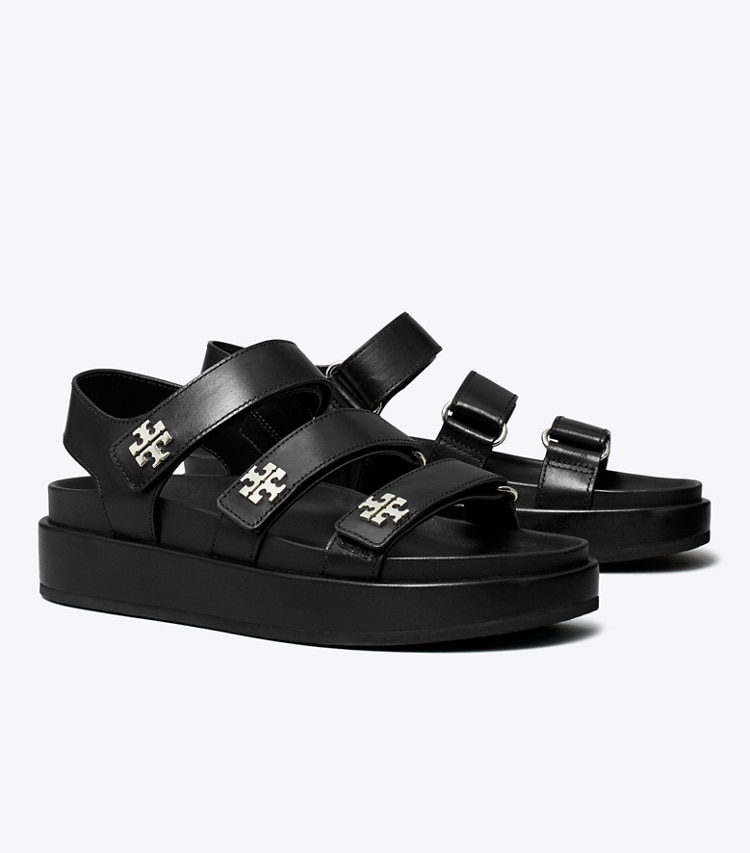 Tory Burch designer sandals Kira Sport Triple-Strap Sandal in PERFECT BLACK / SILVER angle