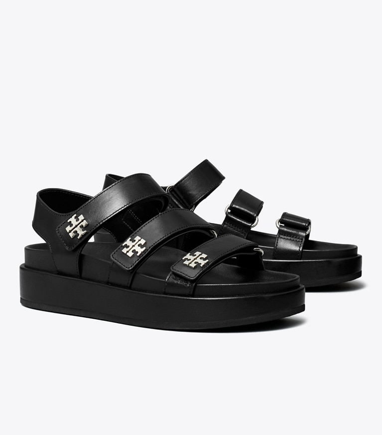 Tory Burch designer sandals Kira Sport Triple-Strap Sandal in PERFECT BLACK / SILVER angle